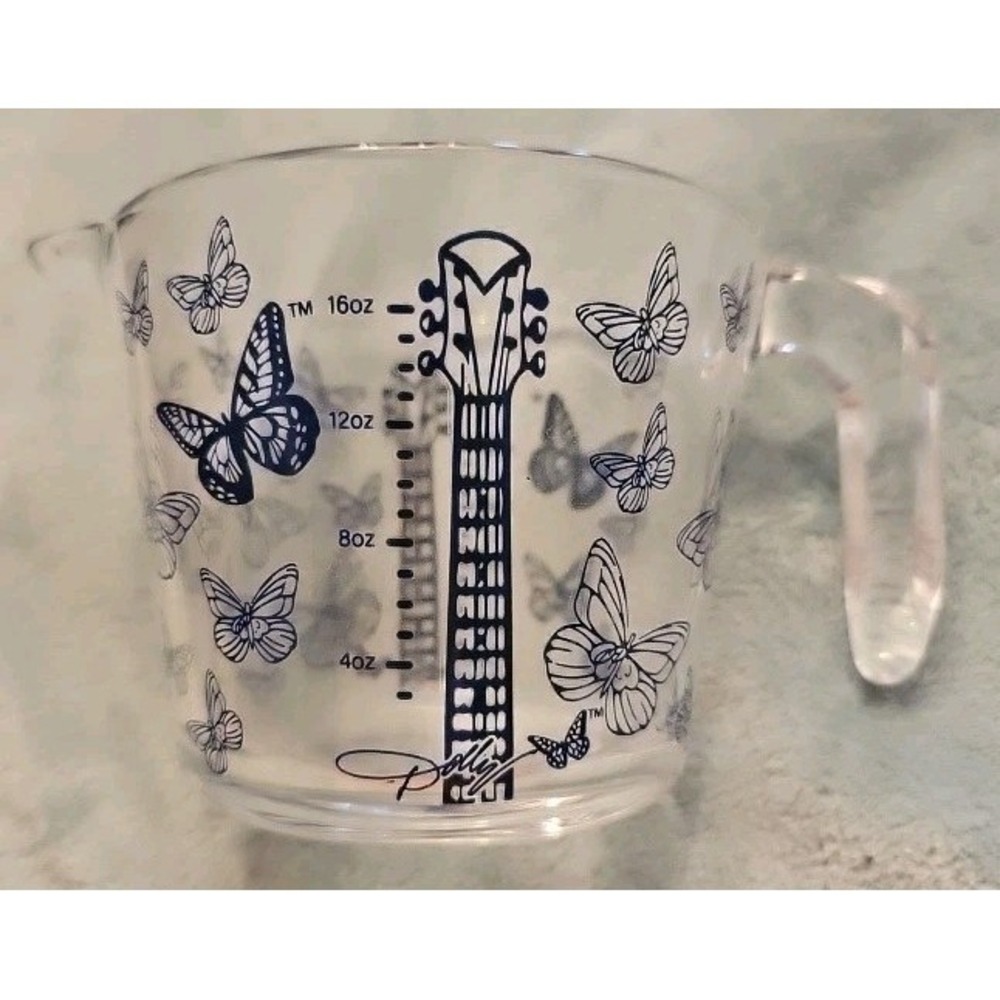 NEW DOLLY PARTON 2 cup measuring GLASS Light blue Guitar Butterflies